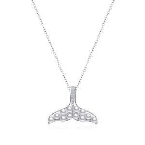925 Sterling Silver Shell Pearl Mermaid Tail Necklace 80500016