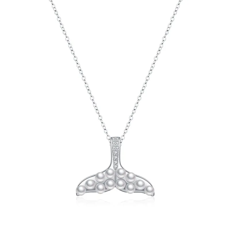 925 Sterling Silver Shell Pearl Mermaid Tail Necklace 80500016