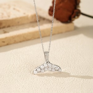925 Sterling Silver Shell Pearl Mermaid Tail Necklace 80500016