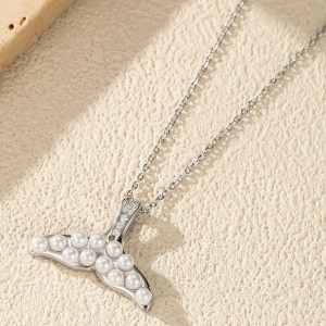 925 Sterling Silver Shell Pearl Mermaid Tail Necklace 80500016