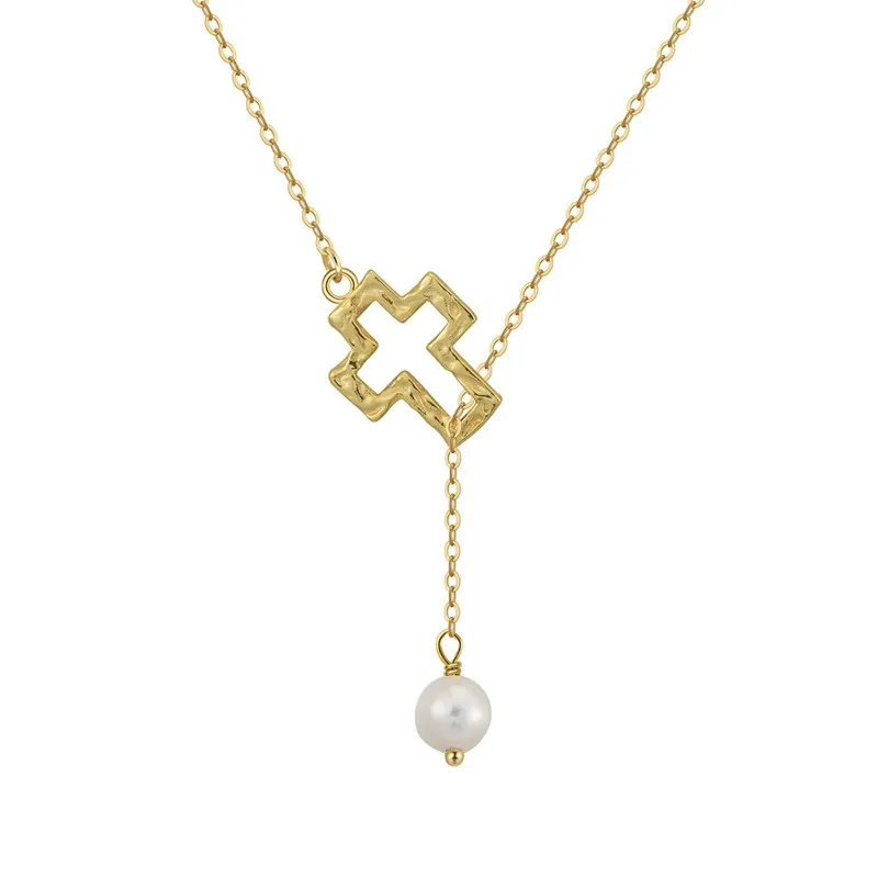 Wholesale 925 Sterling Silver Cross Freshwater Pearl Y Necklace 80500018