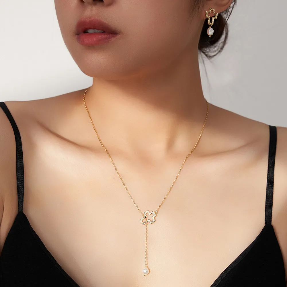 Wholesale 925 Sterling Silver Cross Freshwater Pearl Y Necklace 80500018 - image1