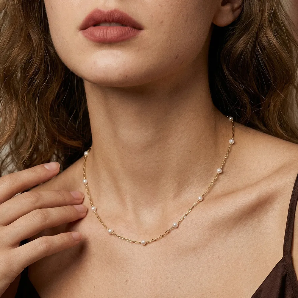 Wholesale 925 Sterling Silver Freshwater Pearl Paperclip Chain Necklace 80500020 - image1