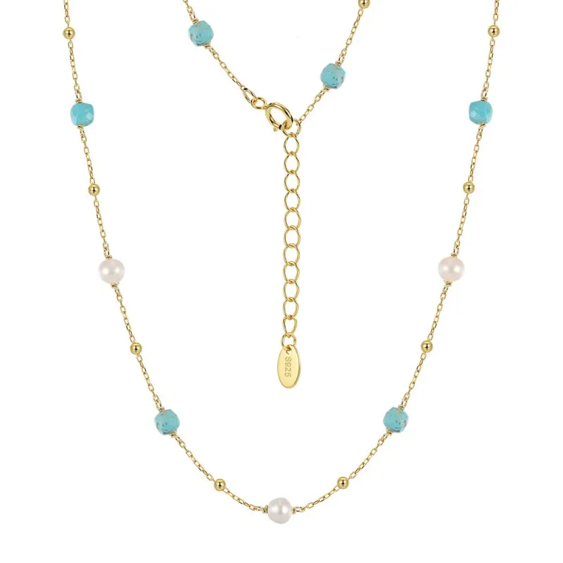 Wholesale 925 Sterling Silver Turquoise & Freshwater Pearl Station Necklace 80500021 Wholesale 925 Sterling Silver Turquoise & Freshwater Pearl Station Necklace 80500021
