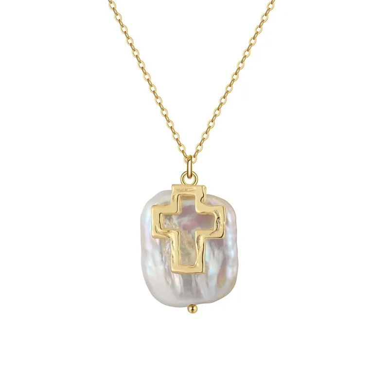 Wholesale 925 Sterling Silver Cross Baroque Pearl Pendant Necklace 80500023