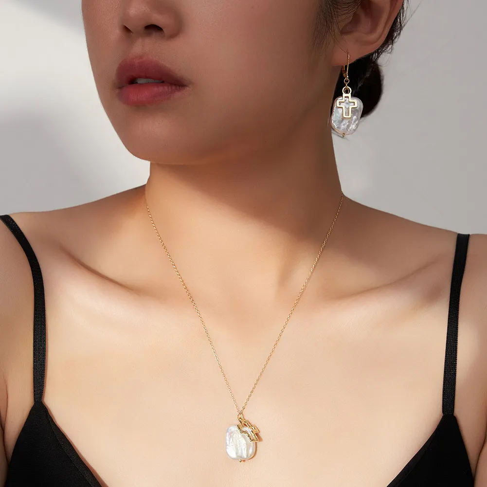 Wholesale 925 Sterling Silver Cross Baroque Pearl Pendant Necklace 80500023 - image1