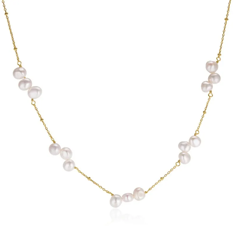 Wholesale 925 Sterling Silver Natural Baroque Freshwater Pearl Station Necklace 80500025