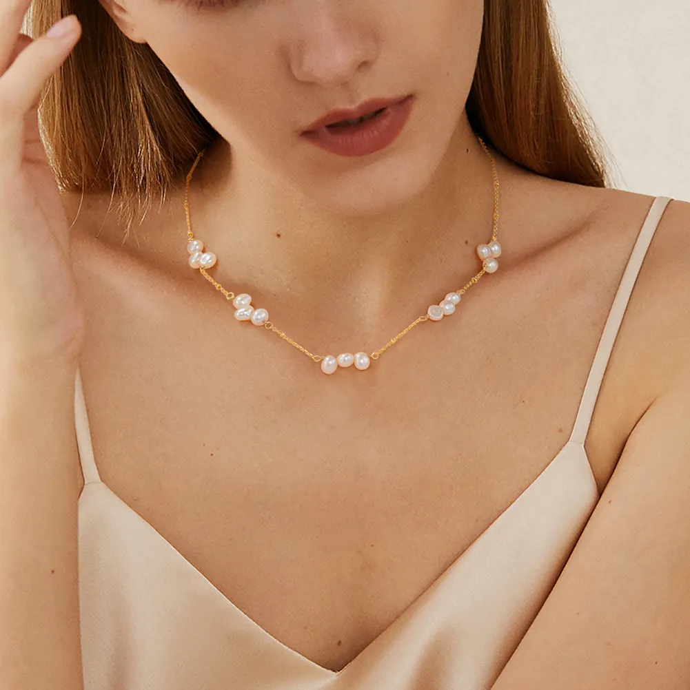 Wholesale 925 Sterling Silver Natural Baroque Freshwater Pearl Station Necklace 80500025 - image1