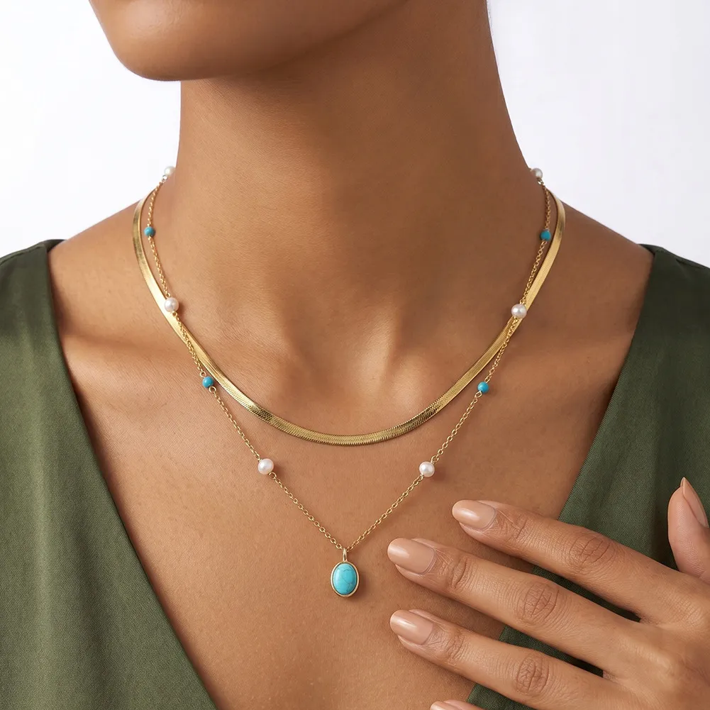 Wholesale 925 Sterling Silver Freshwater Pearl Turquoise Pendant Necklace 80500026 - image1