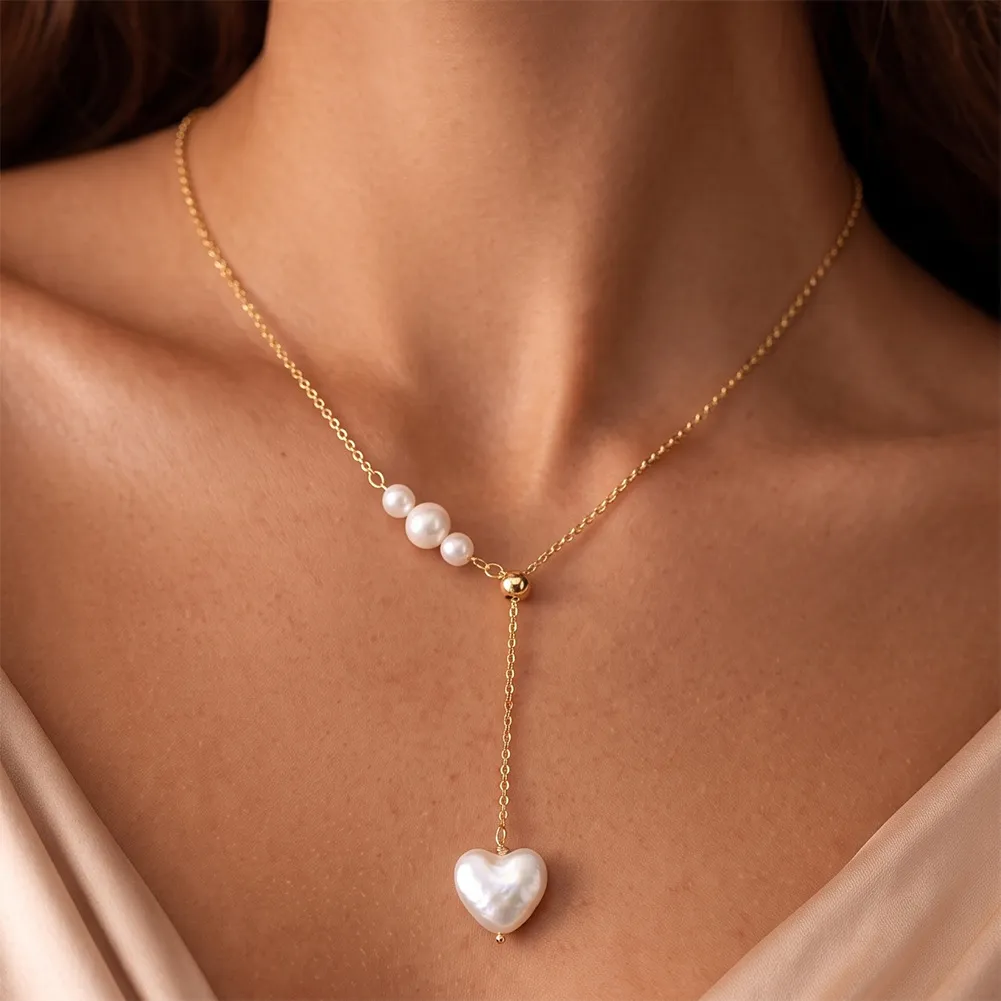 Wholesale 925 Sterling Silver Freshwater Pearl Heart Pendant Y Necklace 80500028 - image1