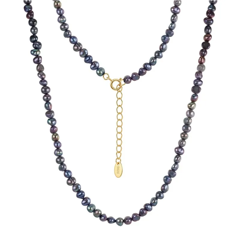 Wholesale 925 Sterling Silver Natural Black Freshwater Baroque Pearl Necklace 80500032