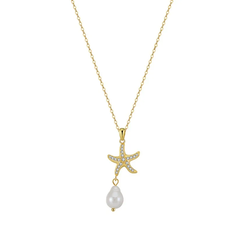 Wholesale 925 Sterling Silver CZ Starfish Freshwater Pearl Pendant Necklace 80500035