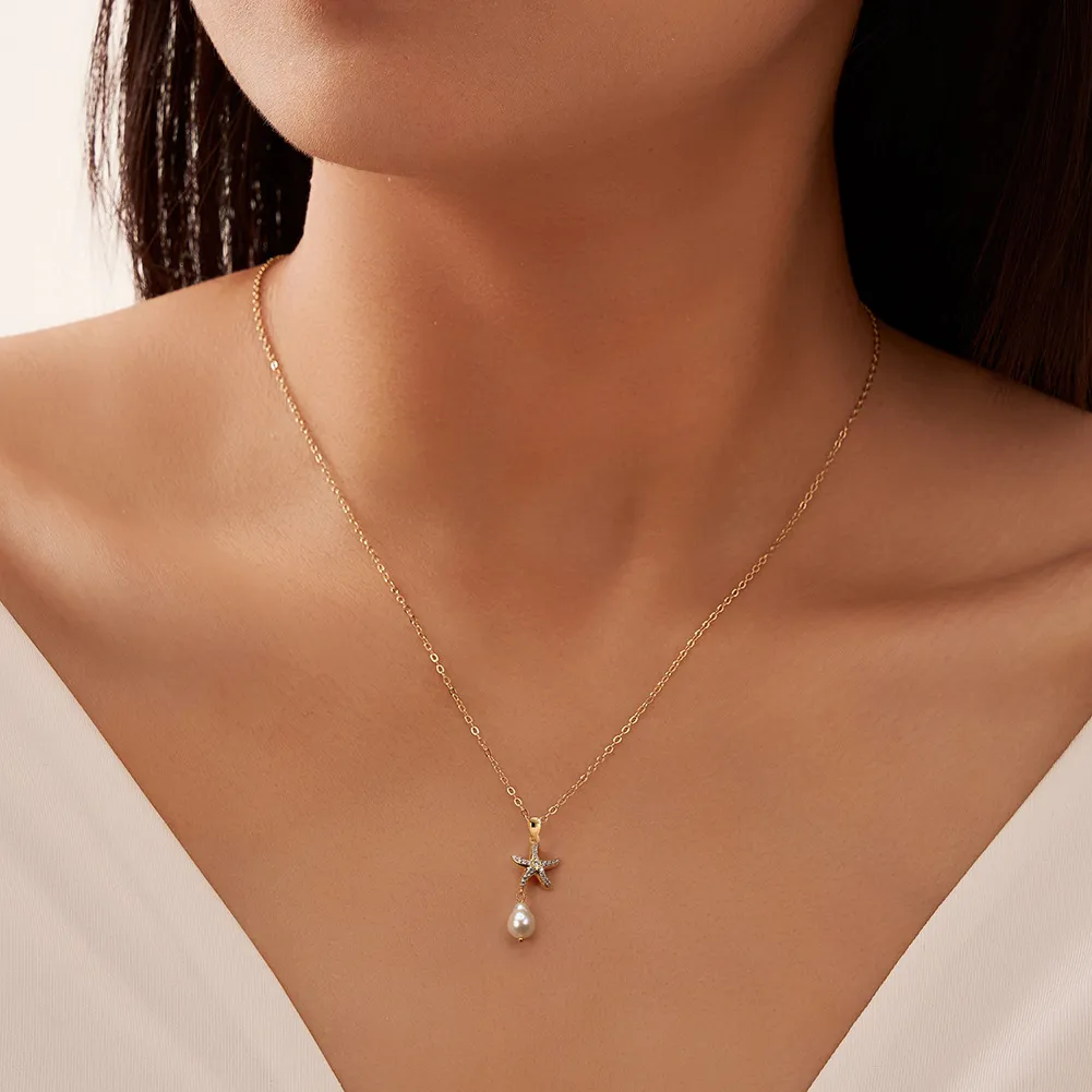 Wholesale 925 Sterling Silver CZ Starfish Freshwater Pearl Pendant Necklace 80500035 - image1
