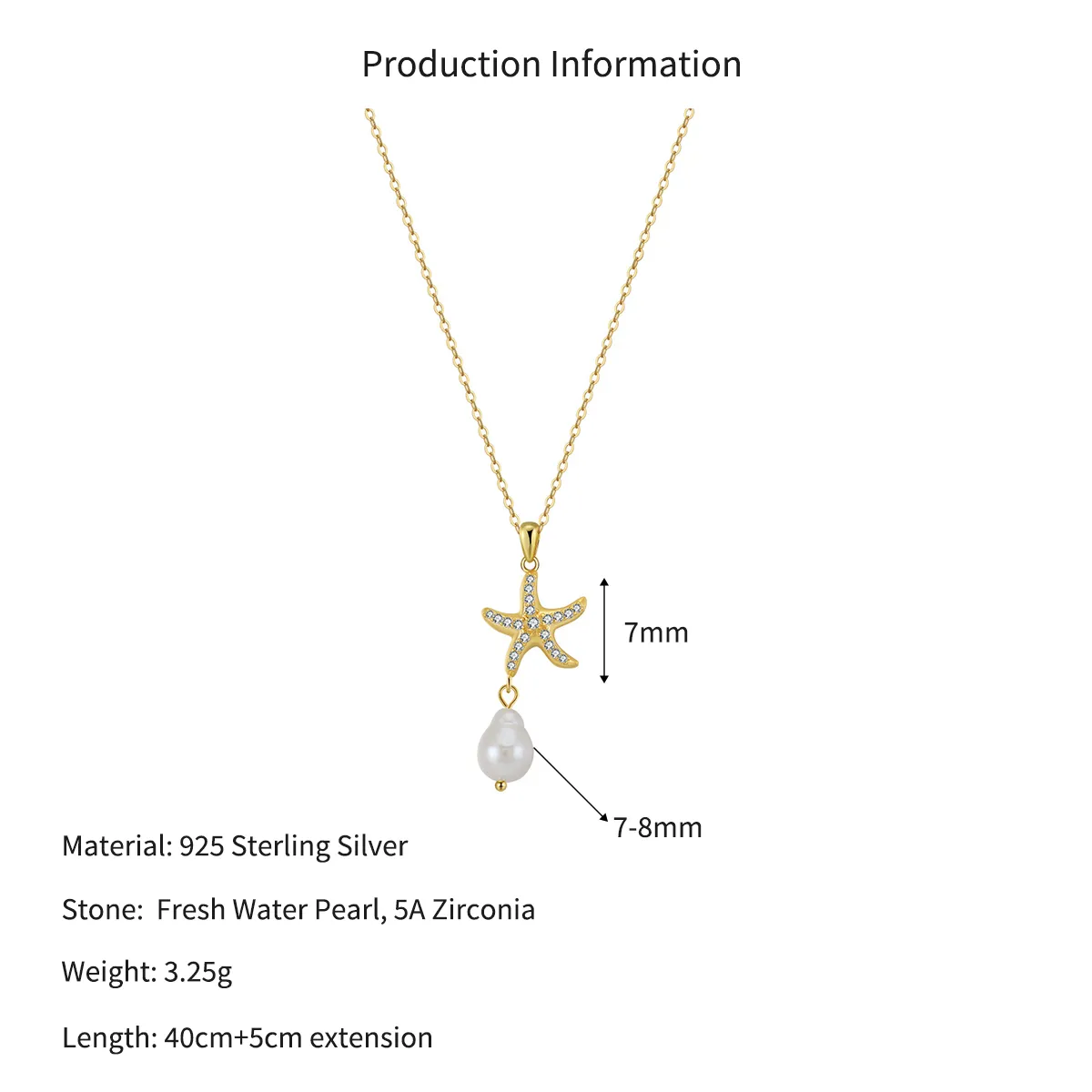 Wholesale 925 Sterling Silver CZ Starfish Freshwater Pearl Pendant Necklace 80500035 - image2