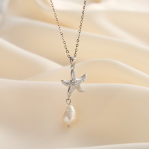 Wholesale 925 Sterling Silver CZ Starfish Freshwater Pearl Pendant Necklace 80500035 Wholesale 925 Sterling Silver CZ Starfish Freshwater Pearl Pendant Necklace 80500035