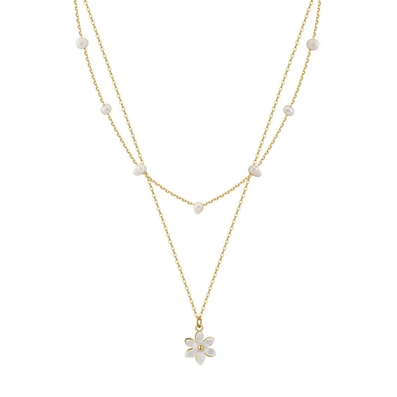 Wholesale 925 Sterling Silver Double Layer Freshwater Pearl Flower Pendant Necklace 80500036