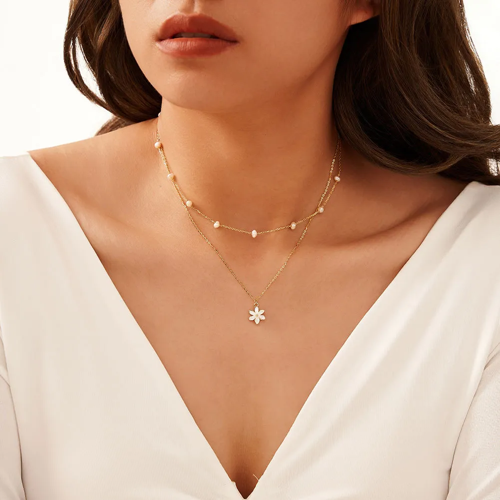 Wholesale 925 Sterling Silver Double Layer Freshwater Pearl Flower Pendant Necklace 80500036 - image1