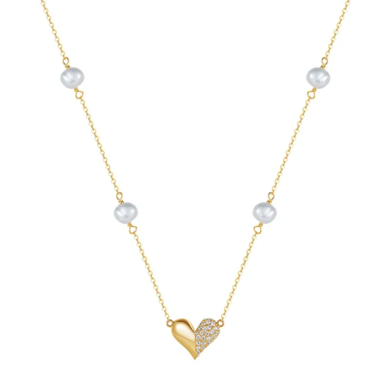 Wholesale 925 Sterling Silver Freshwater Pearl & CZ Heart Pendant Necklace 80500037