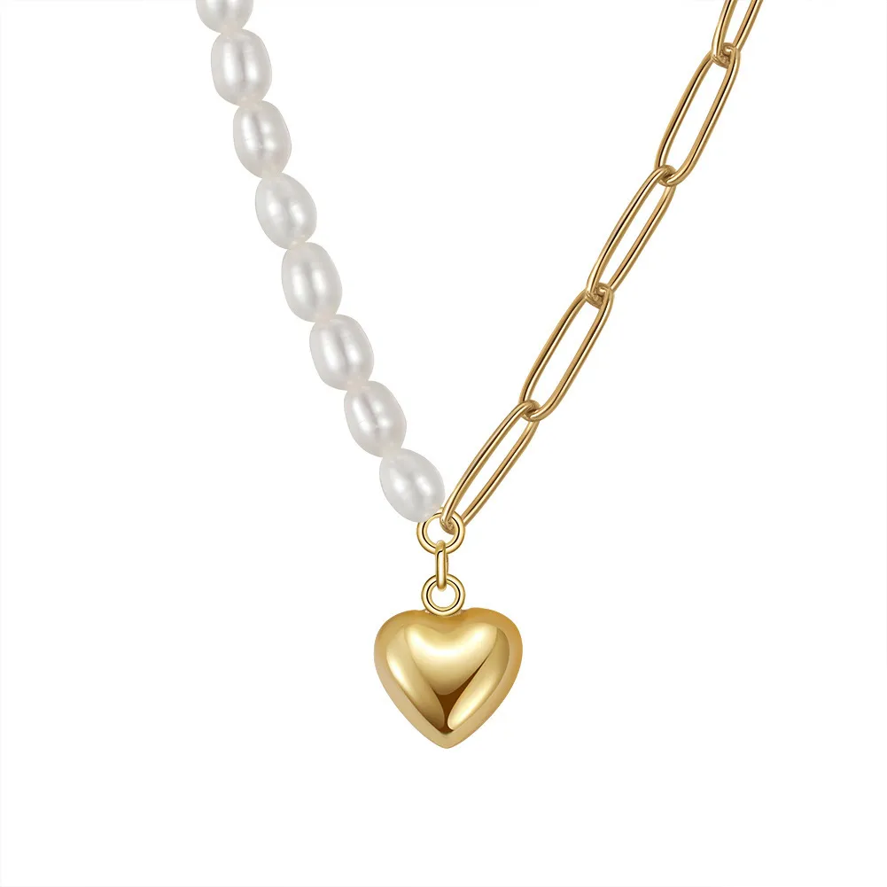 Wholesale 925 Sterling Silver Heart Pendant Baroque Freshwater Pearl Necklace 80500042
