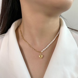 Wholesale 925 Sterling Silver Heart Pendant Baroque Freshwater Pearl Necklace 80500042