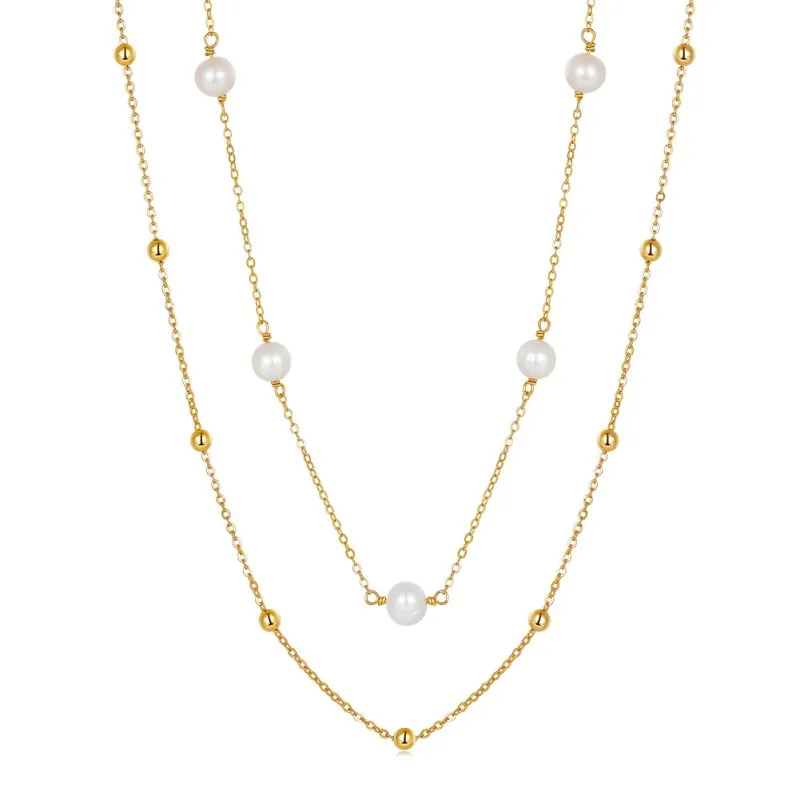 Wholesale 925 Sterling Silver Freshwater Pearl Double Layer Station Necklace 80500045
