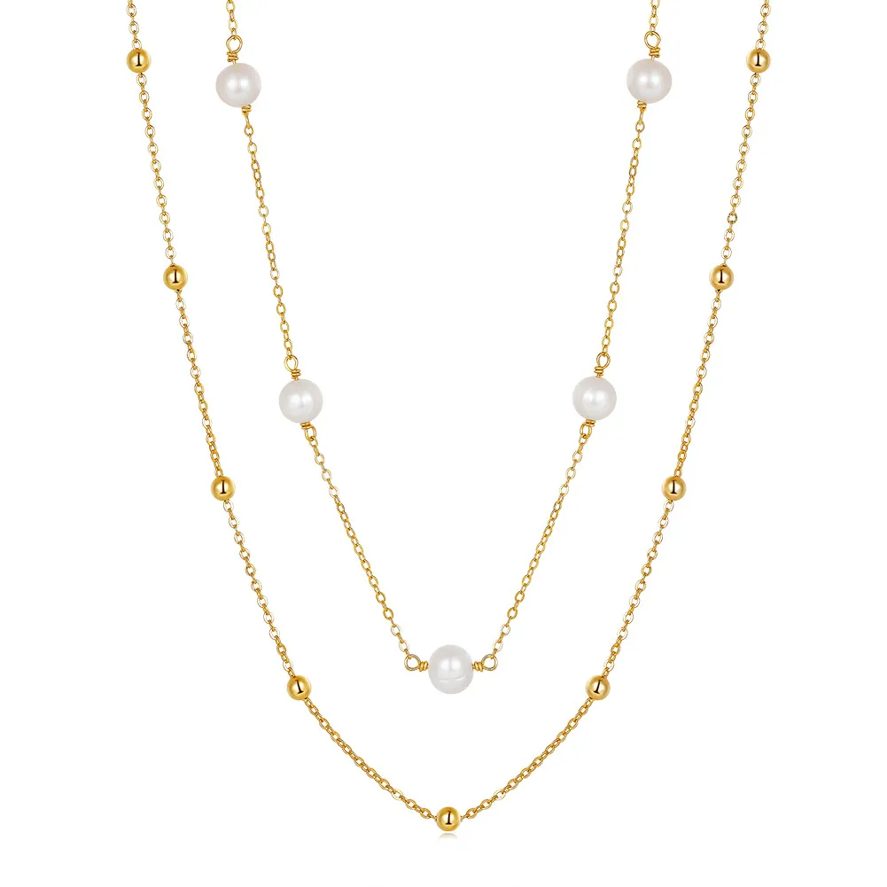 Wholesale 925 Sterling Silver Freshwater Pearl Double Layer Station Necklace 80500045 Wholesale 925 Sterling Silver Freshwater Pearl Double Layer Station Necklace 80500045