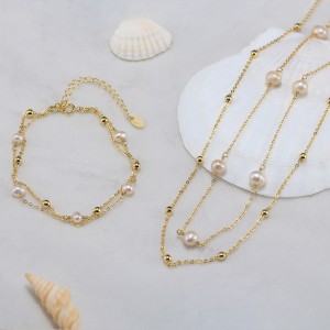 Wholesale 925 Sterling Silver Freshwater Pearl Double Layer Station Necklace 80500045 Wholesale 925 Sterling Silver Freshwater Pearl Double Layer Station Necklace 80500045