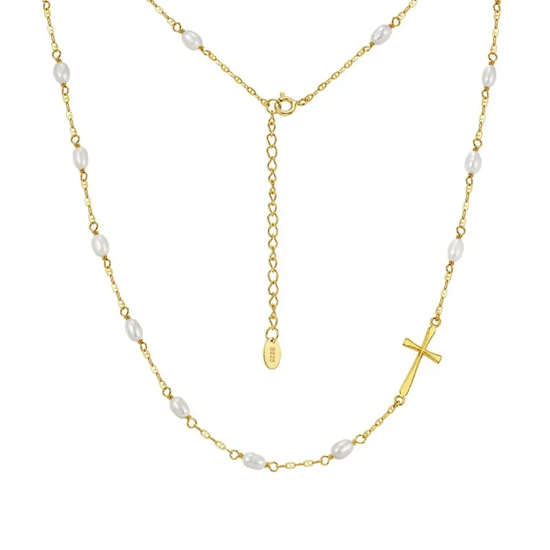 Wholesale 925 Sterling Silver Freshwater Pearl Cross Station Necklace 80500046