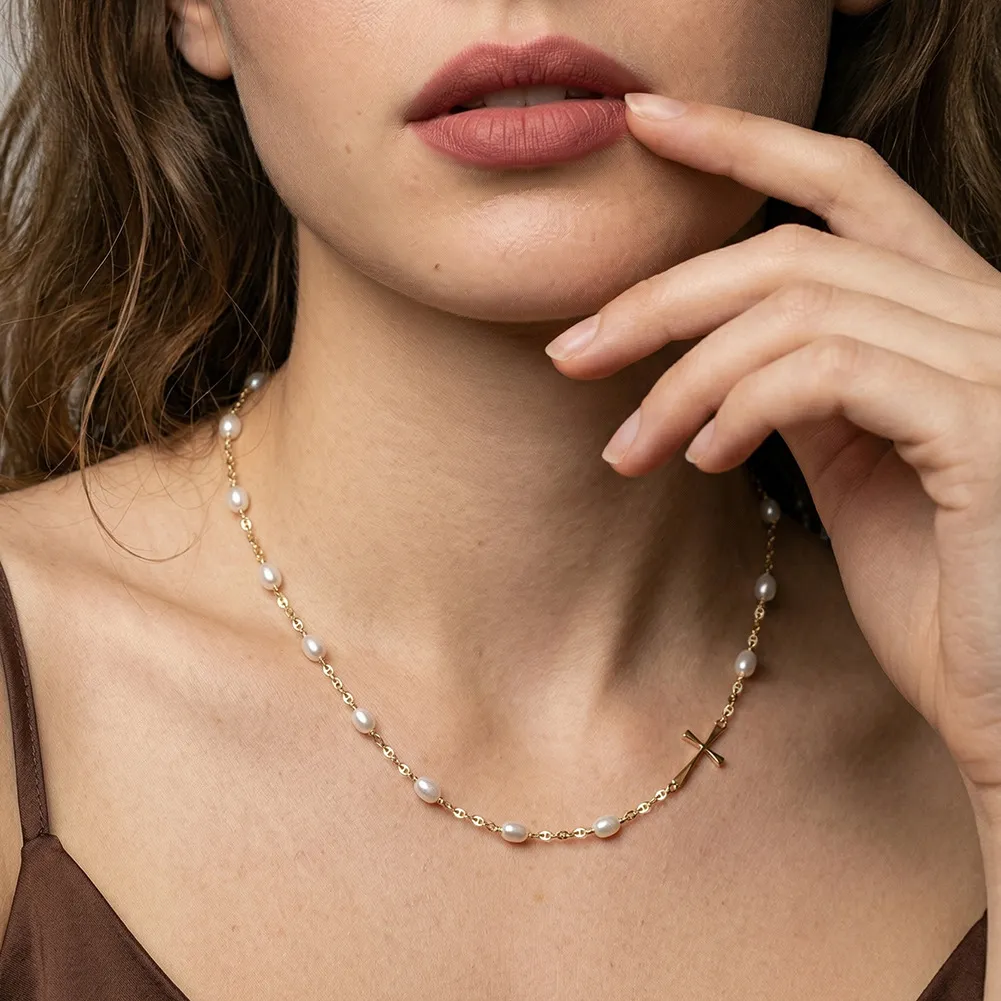 Wholesale 925 Sterling Silver Freshwater Pearl Cross Station Necklace 80500046 - image1