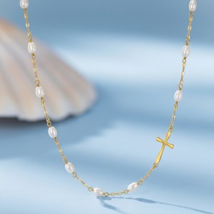 Wholesale 925 Sterling Silver Freshwater Pearl Cross Station Necklace 80500046 Wholesale 925 Sterling Silver Freshwater Pearl Cross Station Necklace 80500046