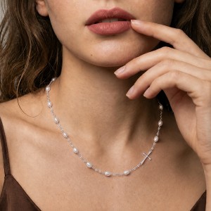 Wholesale 925 Sterling Silver Freshwater Pearl Cross Station Necklace 80500046 Wholesale 925 Sterling Silver Freshwater Pearl Cross Station Necklace 80500046