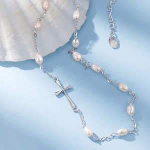 Wholesale 925 Sterling Silver Freshwater Pearl Cross Station Necklace 80500046 Wholesale 925 Sterling Silver Freshwater Pearl Cross Station Necklace 80500046