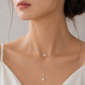 Wholesale 925 Sterling Silver Freshwater Pearl Layered Drop Necklace 80500052 Wholesale 925 Sterling Silver Freshwater Pearl Layered Drop Necklace 80500052