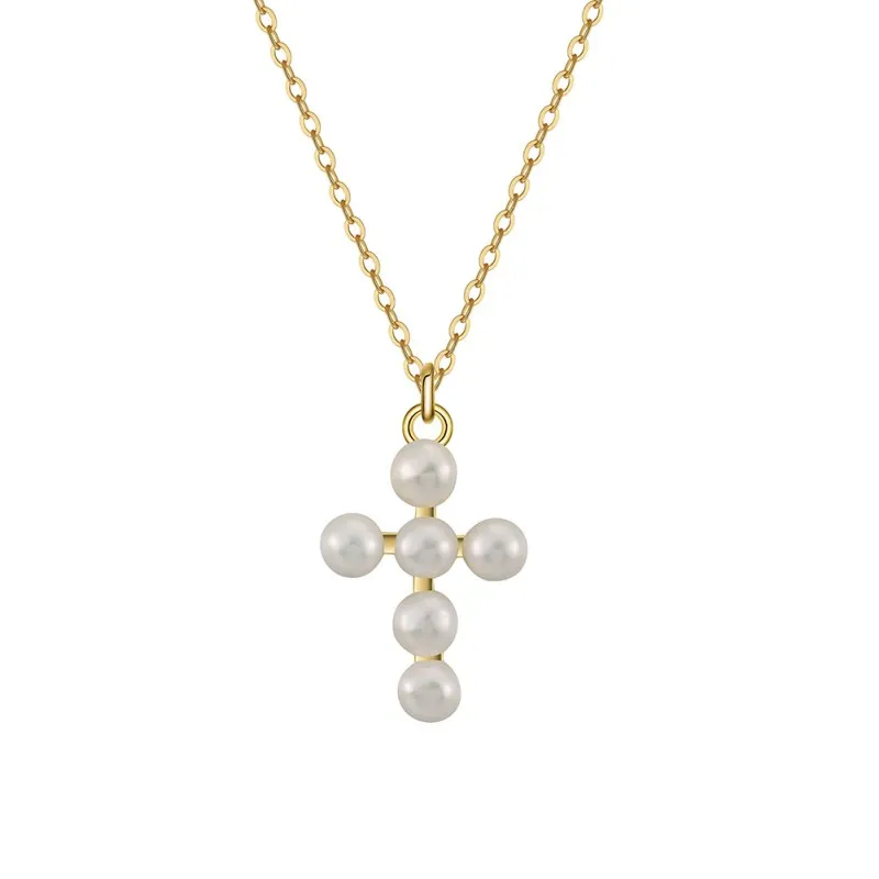 Wholesale 925 Sterling Silver Natural Freshwater Pearl Cross Pendant Necklace 80500055