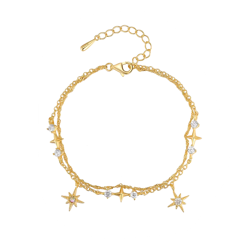 Silver Cubic Zirconia Star Layered Chain Bracelet 100100020