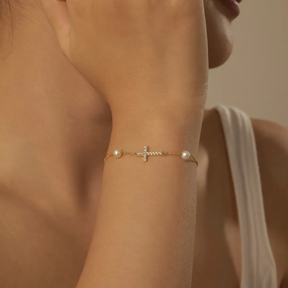 Zirconia Cross Pearl Chain Bracelet 100100150 - image1