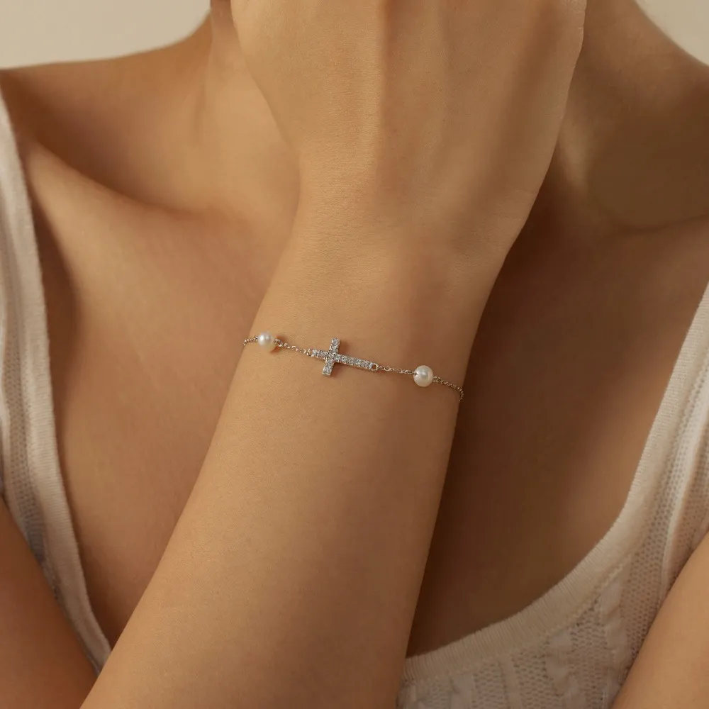 Zirconia Cross Pearl Chain Bracelet 100100150 - image2