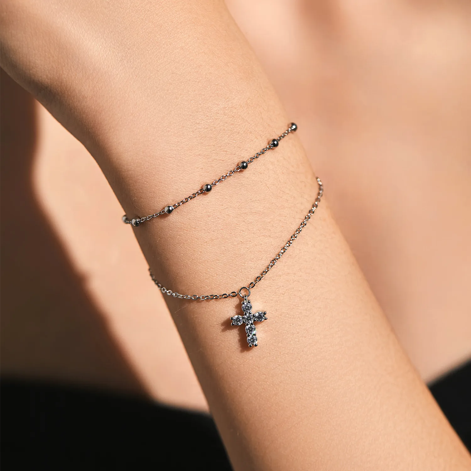 S925 Zirconia Cross Beads Layered Bracelet 100100160 - image1