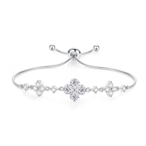 925 Sterling Silver Zirconia Clover Heart Adjustable Bracelet 100100173
