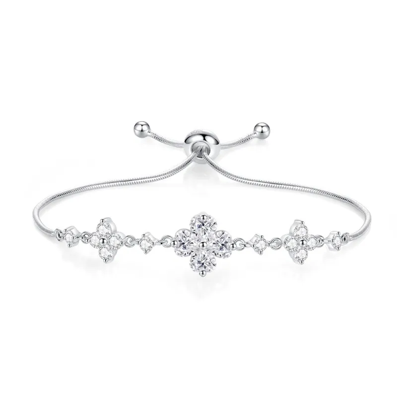 925 Sterling Silver Zirconia Clover Heart Adjustable Bracelet 100100173
