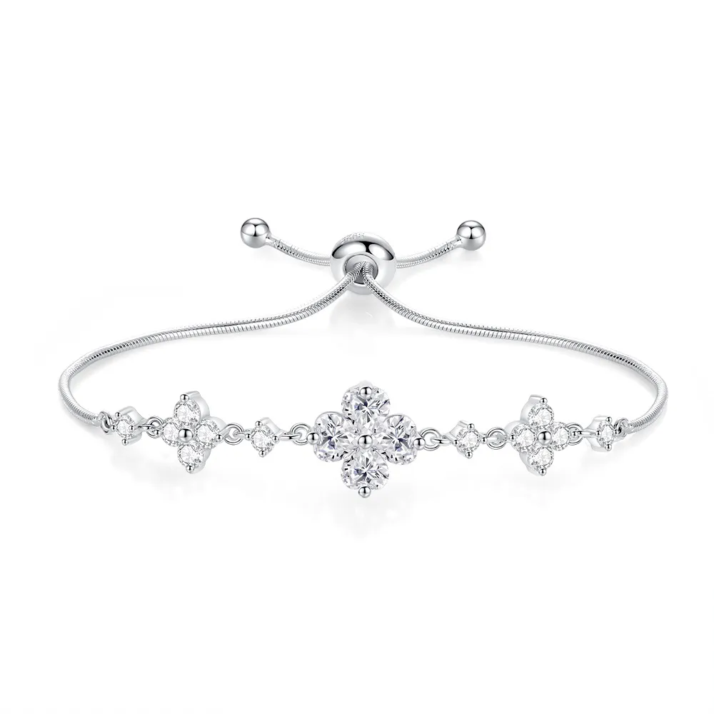 925 Sterling Silver Zirconia Clover Heart Adjustable Bracelet 100100173