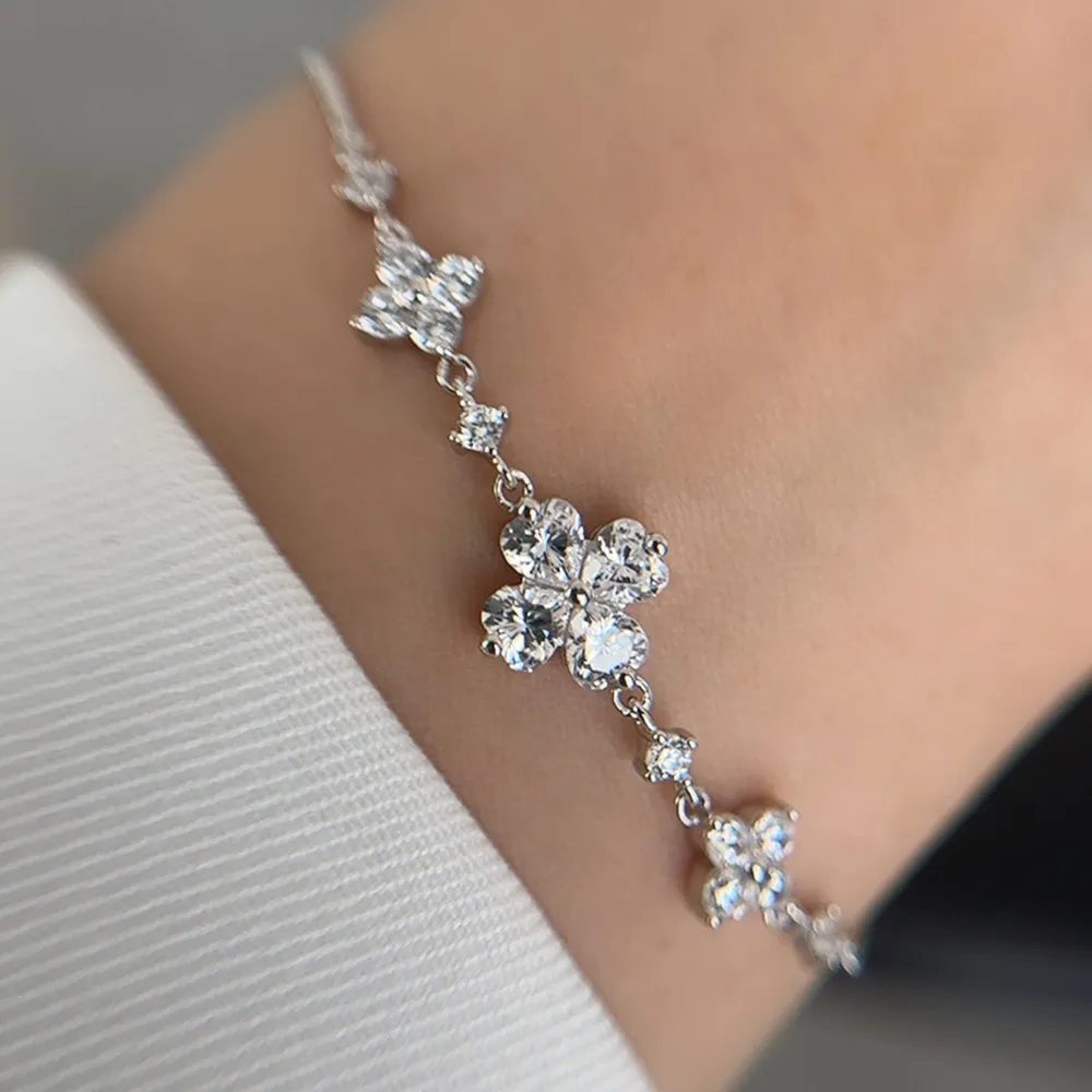 925 Sterling Silver Zirconia Clover Heart Adjustable Bracelet 100100173 - image1