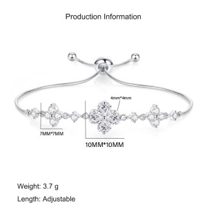 925 Sterling Silver Zirconia Clover Heart Adjustable Bracelet 100100173
