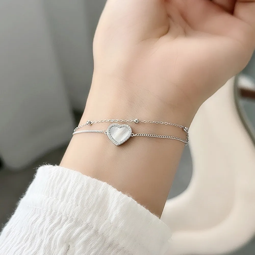 S925 Double Chain Aurora Heart Mother-of-Pearl Bracelet 100100175 - image1