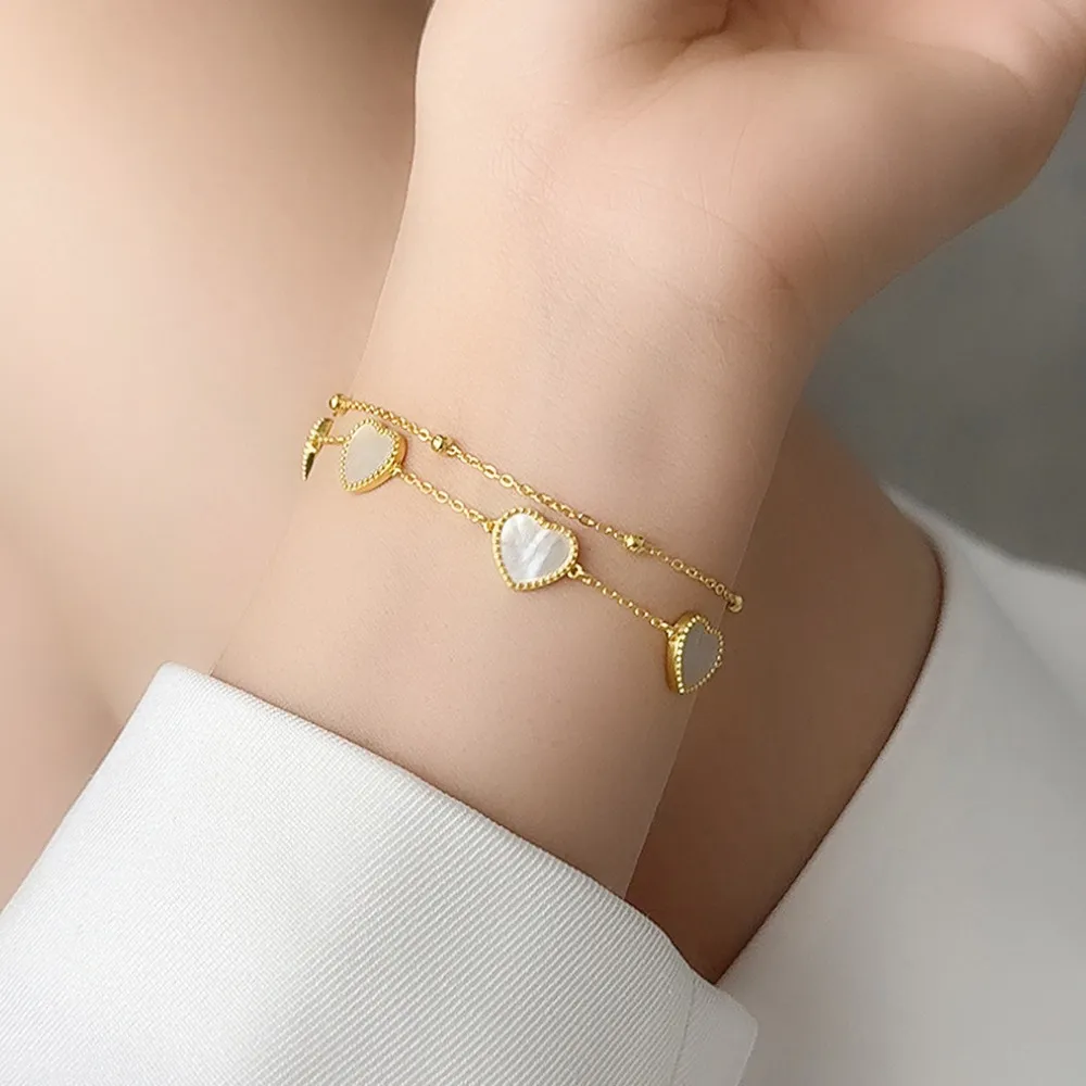 S925 White Mother-of-Pearl Hearts Zirconia Double Chain Bracelet100100178 - image1
