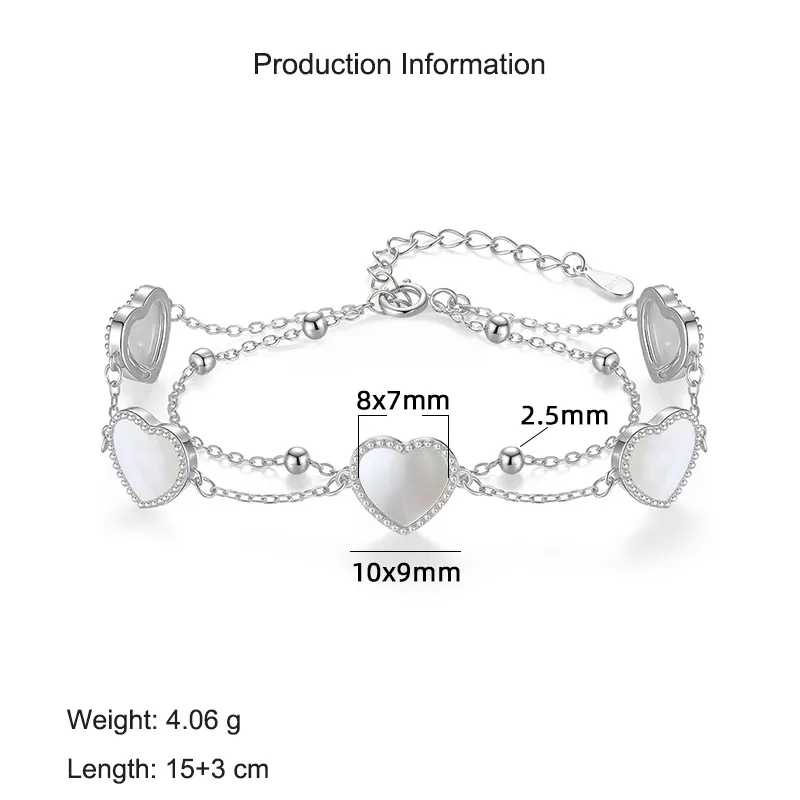 S925 White Mother-of-Pearl Hearts Zirconia Double Chain Bracelet100100178 - image2