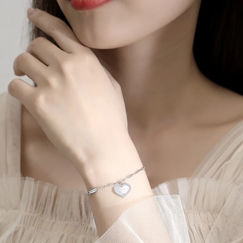 S925 White Mother-of-Pearl Charm Heart Bracelet 100100180 - image1