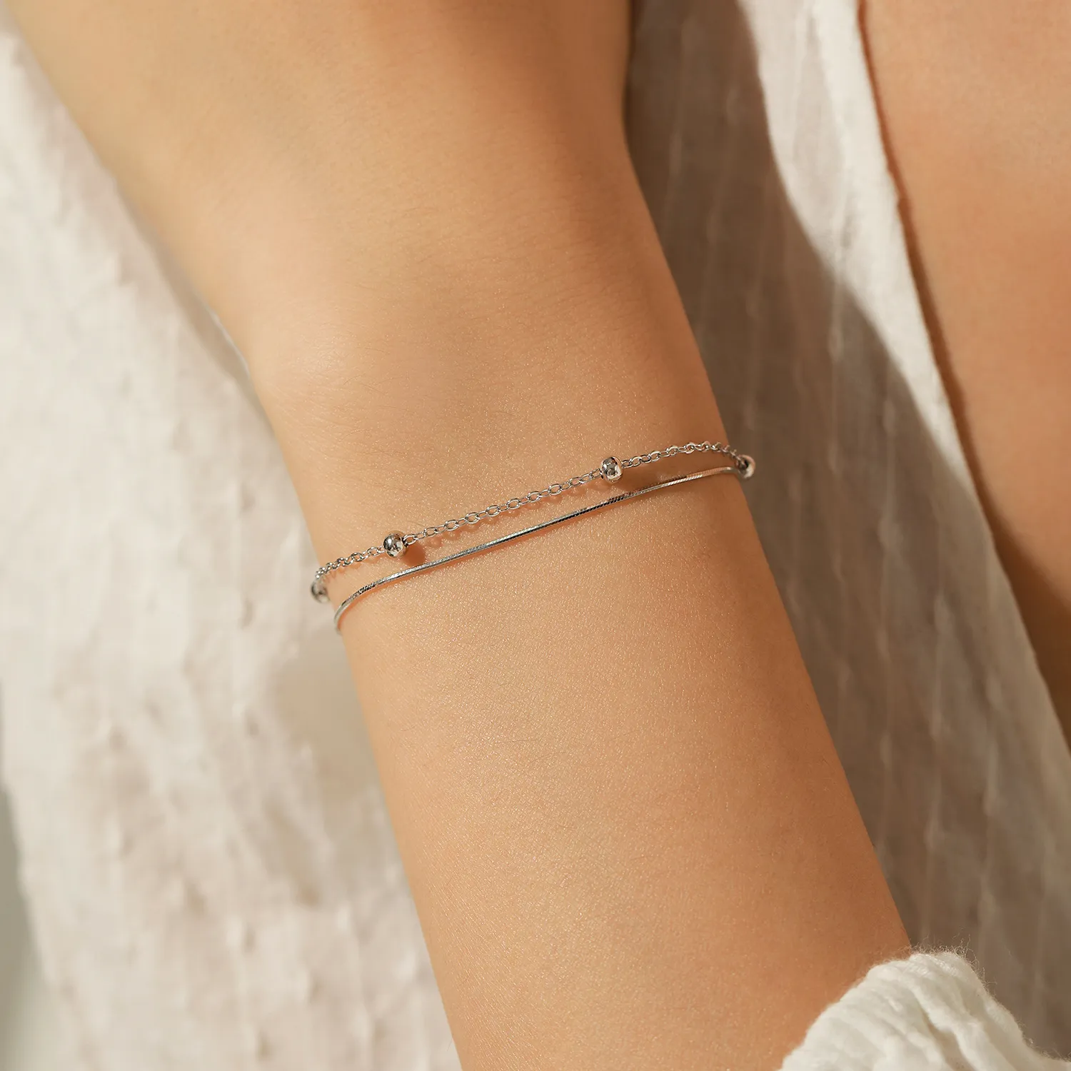S925 Minimalist Double-Layer Snake Chain Bead Bracelet 100100191 - image1