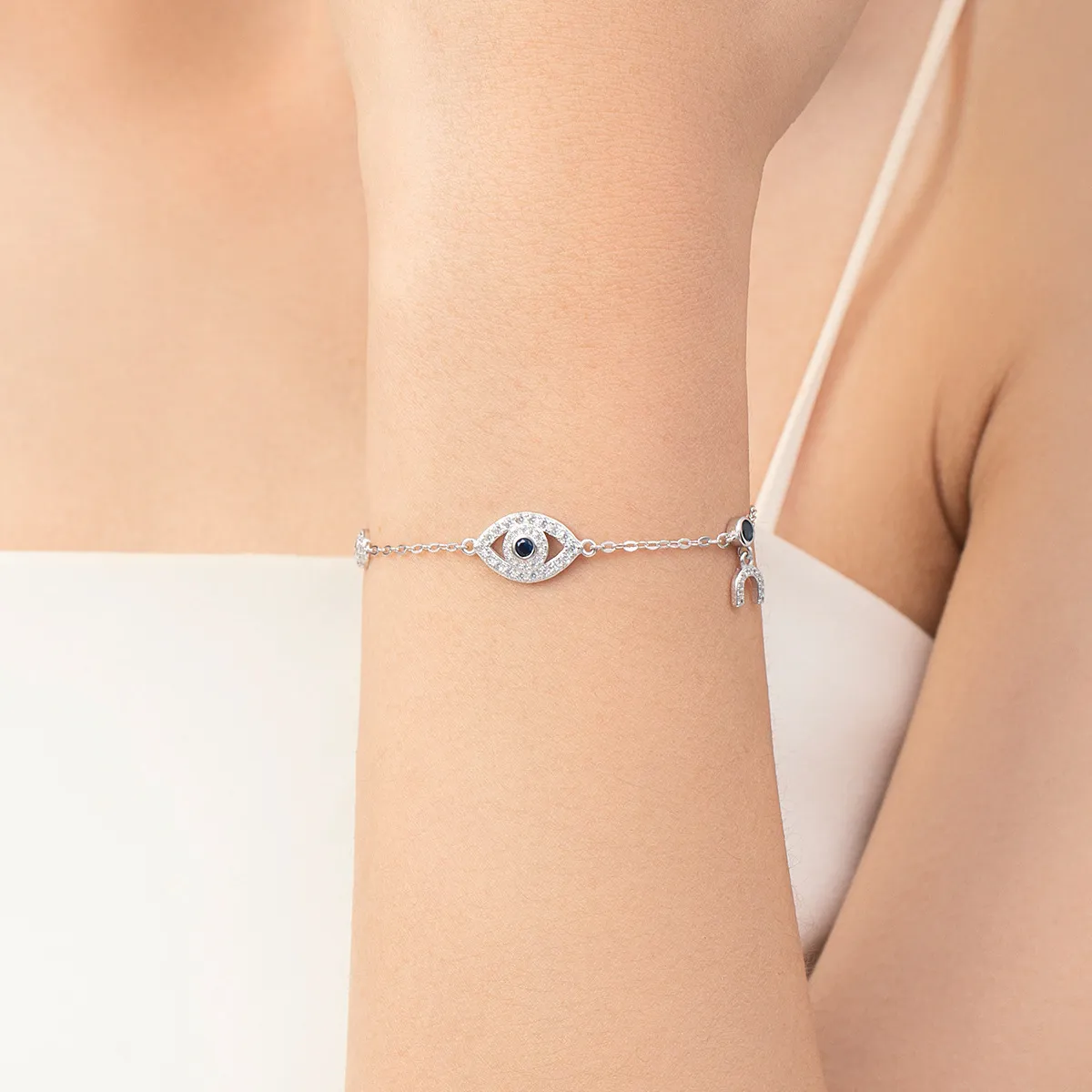 925 Sterling Silver Blue CZ Evil Eye Bracelet 100100194 - image1