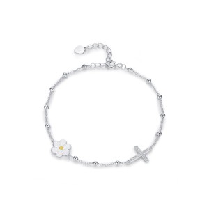 925 Sterling Silver Beaded Daisy and Pave Cross Bracelet 100100197